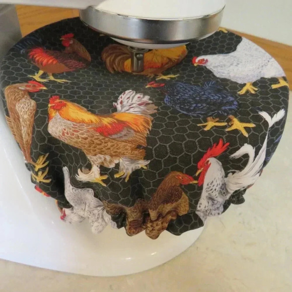 Kitchenaid Bowl Cover, Chickens and White and Black Ticking Reversible Mixer Cov - Picture 1 of 6